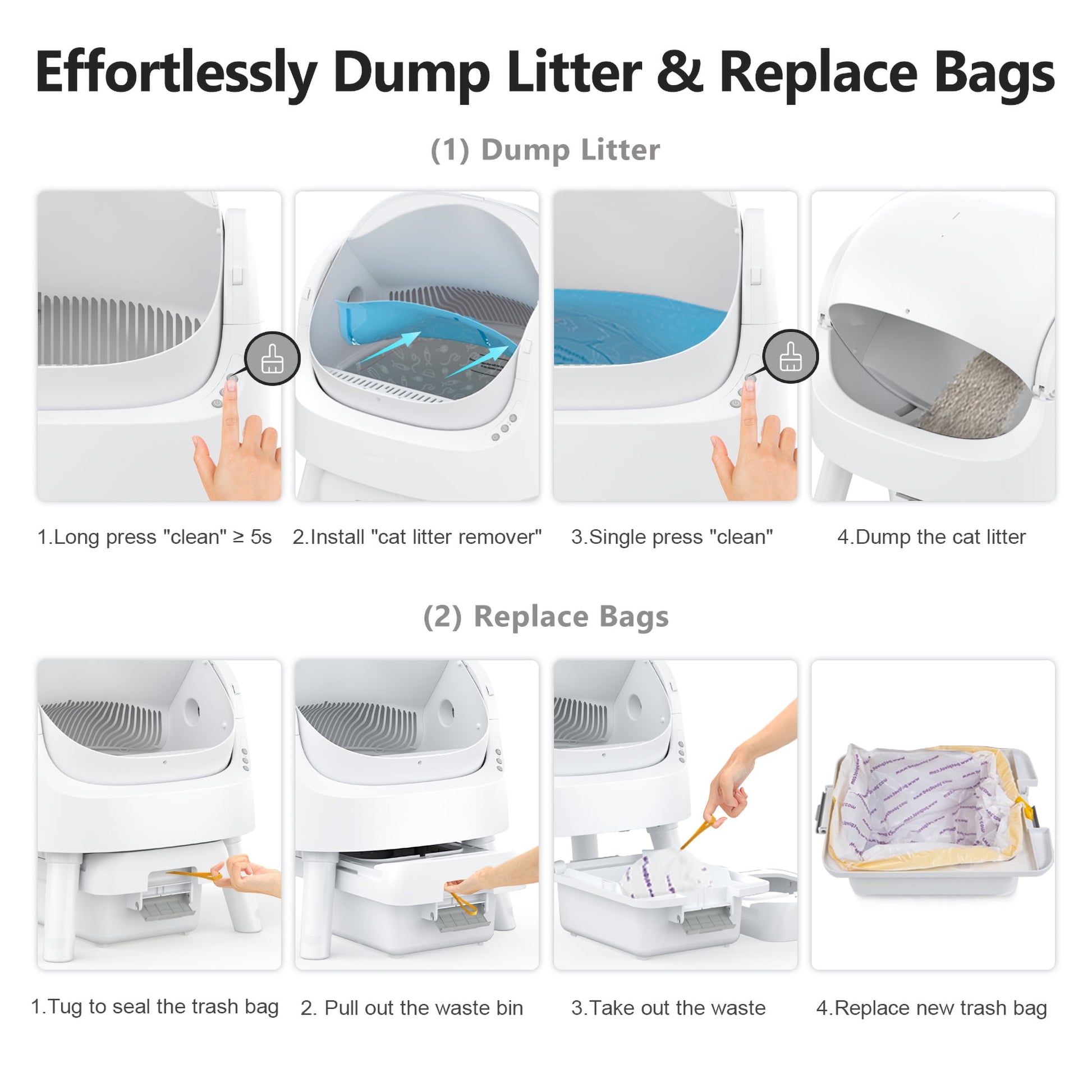 Self-Cleaning Automatic Cat Litter Box with Safety Features, Mat & Trash Bags - White