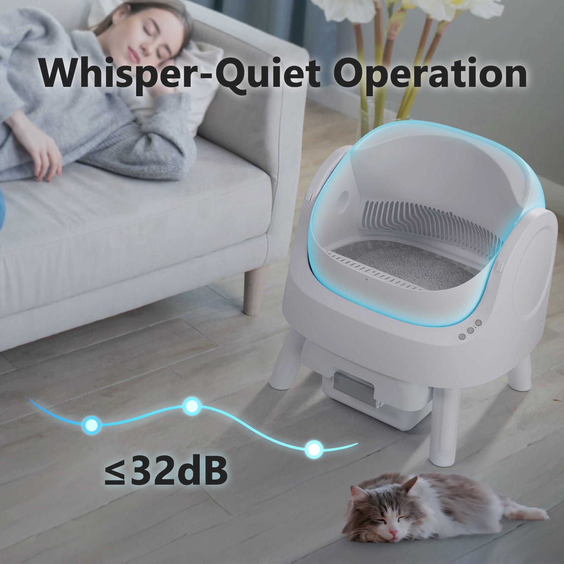 Self-Cleaning Automatic Cat Litter Box with Safety Features, Mat & Trash Bags - White