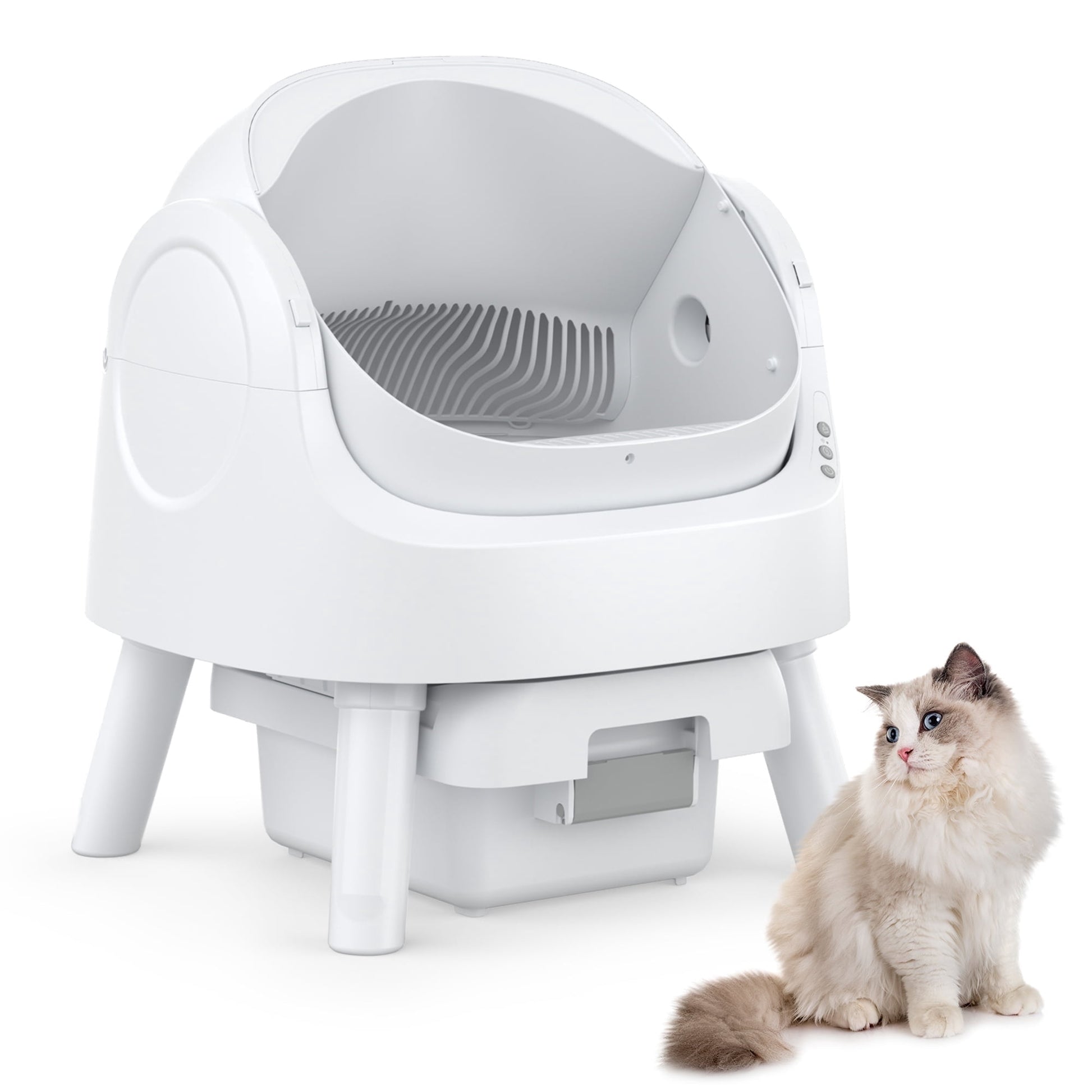Self-Cleaning Automatic Cat Litter Box with Safety Features, Mat & Trash Bags - White