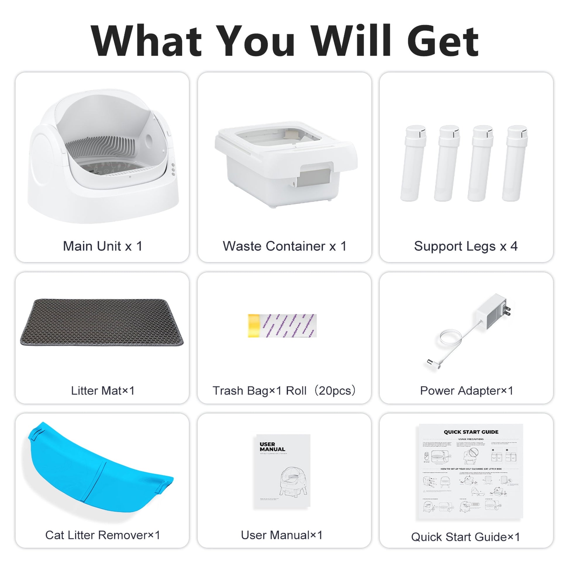 Self-Cleaning Automatic Cat Litter Box with Safety Features, Mat & Trash Bags - White